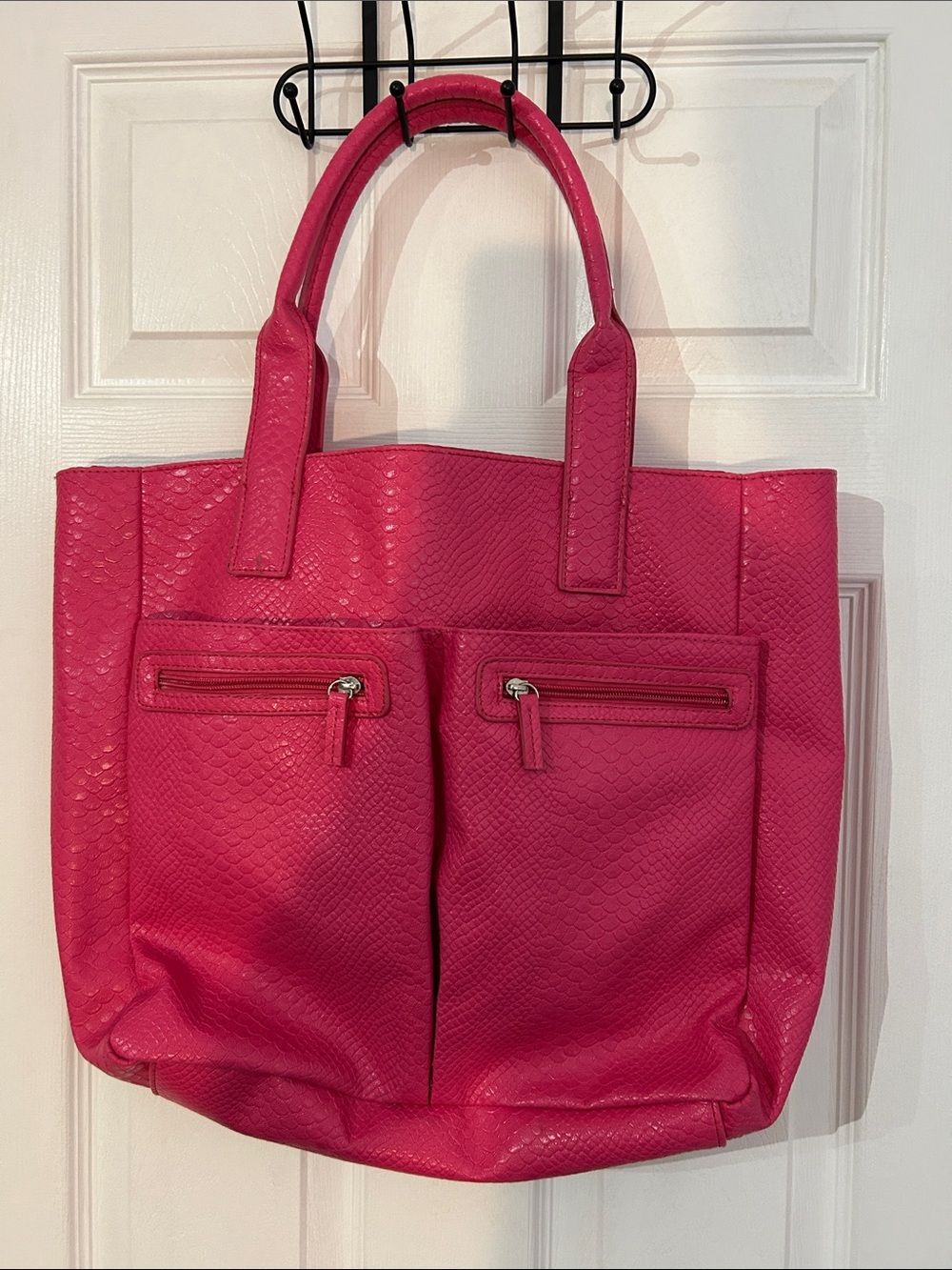 Neiman Marcus Hot Pink Textured Tote with Front Pockets